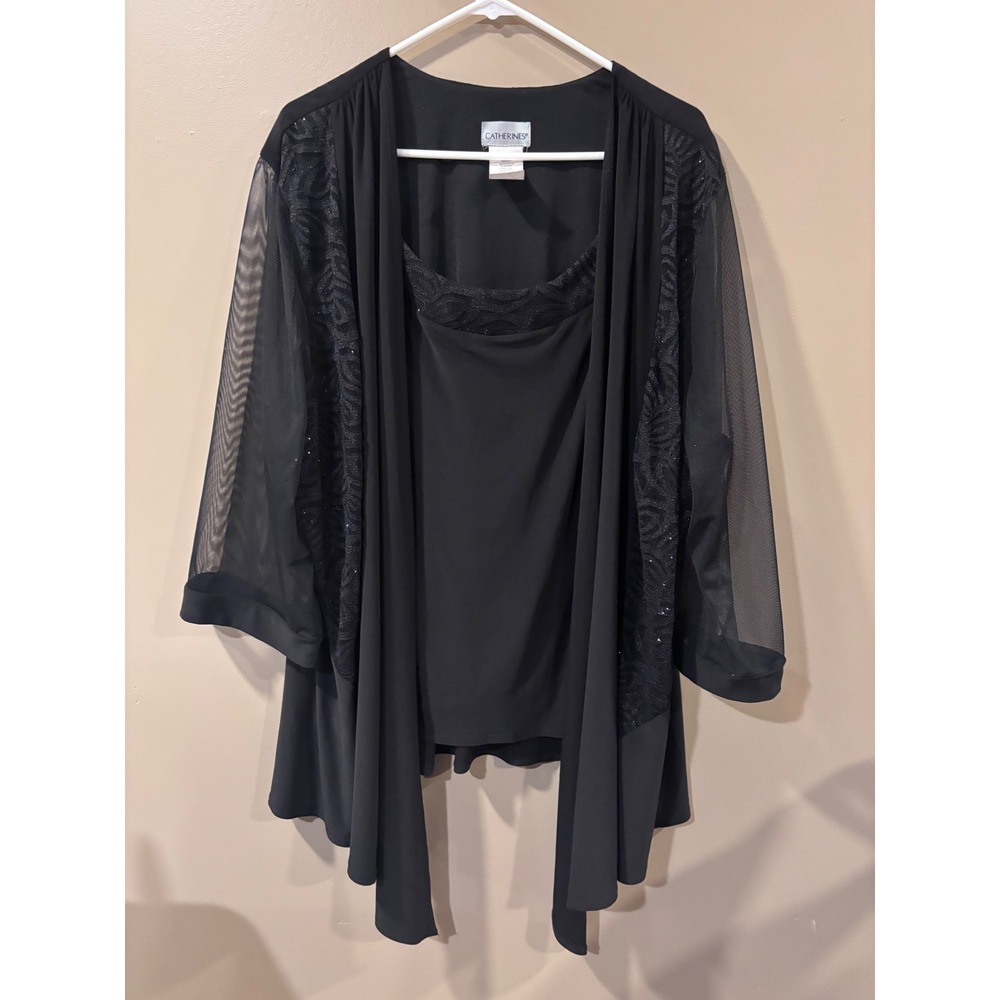 Catherines 24W Black 2 Piece Look Sequin Lace Cardigan Tank Plus Size 3X